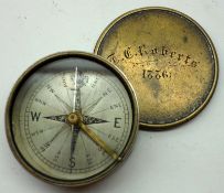 A late 19th Century formerly plated Brass Pocket Compass, the drum-shaped case with pull-off cover