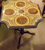 A late 19th Century Pedestal Wine Table, the octagonal inlaid and painted top decorated with scene