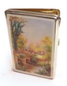 An early 20th Century small Cigarette Case with enamelled design to front of rural river scene,