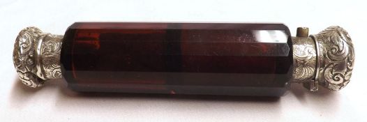 A Victorian Double Ended Ruby Glass Scent Bottle fitted with one hinged lid and one screw lid,