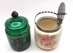 A Mixed Lot: a late 19th Century Round Green Glass Biscuit Barrel with lift-off lid, decorated