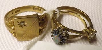 A hallmarked 9ct Gold Signet Ring; a 9 ct Gold Centre small Opal and small Diamond Surround