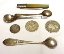 A Mixed Lot: a George III hinged mother-of-pearl handled Fruit Knife, three various Condiment Spoons