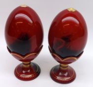 A pair of Royal Doulton Flambé Veined Novelty Model Eggs and Stands, Numbered 3249 to base, the eggs