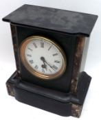 A late 19th Century Black Slate and Variegated Marble Mantel Timepiece, the plinth-shaped case