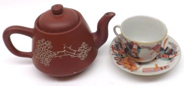 A Chinese Red Pottery Teapot, incised and decorated with palm branches; together with further