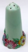 A Clarice Cliff Large “My Garden” Sifter, decorated in blue/green with floral relief moulded foot,