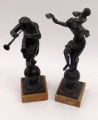 A pair of late 19th Century small Bronze Figures in the classical taste, raised on square marble