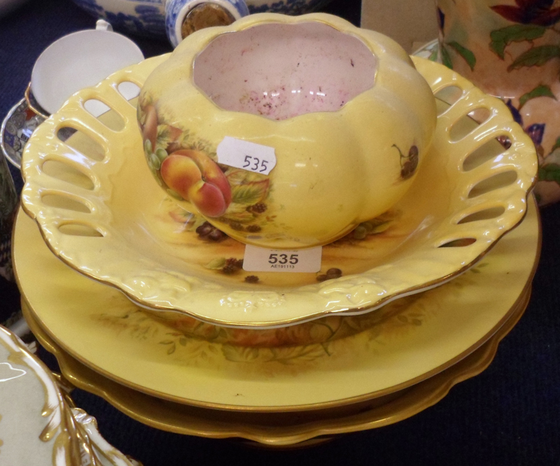 A Mixed Lot: Aynsley Orchard Gold China Wares, comprising a round Pedestal Fruit Bowl, a further