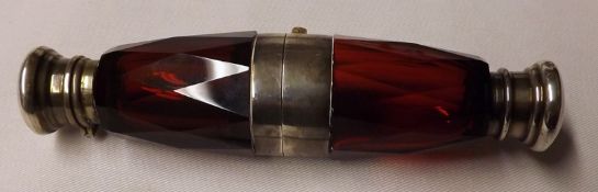 A Victorian hinged Double-Ended Ruby Glass Scent Bottle with plated mounts, 4 ½”long