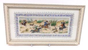 A Caucasian (Iran) painted on ivory or composition Panel depicting hunting scene with figures and