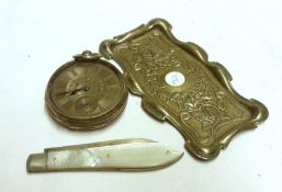 A Mixed Lot comprising: a small mother-of-pearl handled Fruit Knife; a small Pin Tray with Art