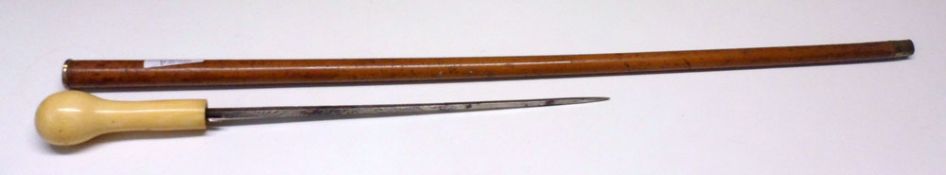 A bone-handled Short Bladed Swordstick, the steel blade embossed with geometric foliage, 12 ½”