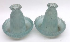 A pair of Glass Table Decoration Bowls with crimped rims, decorated in light green and white, 5”