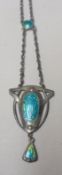 A Charles Horner Art Nouveau period Silver and Enamelled Pendant and Chain, 34mm drop, 34mm x