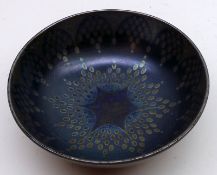 A Royal Doulton Flambé Titanium Round Pedestal Bowl, star decorated centre and geometric pattern, 6”