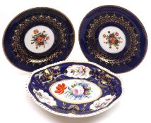 A Bloor Derby Shaped Oval Dish, decorated with floral panels on a blue and gilt background, 11”