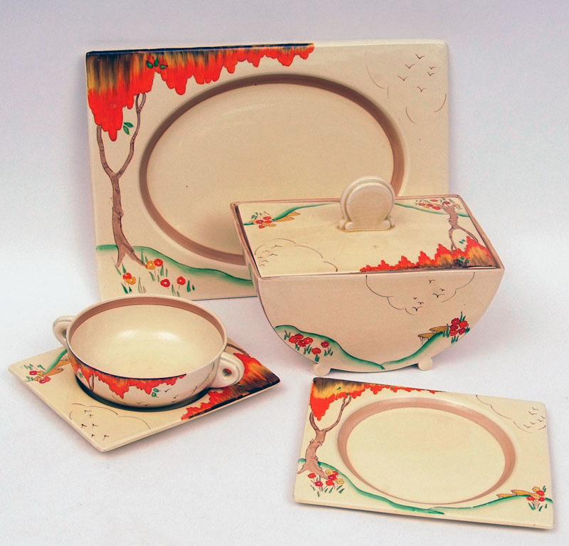 A Clarice Cliff extensive Dinner Service, all decorated in colours with the “Taormina” design, all