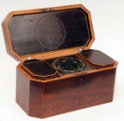 An early 19th Century Rosewood and Satinwood Strung Tea Caddy of canted rectangular form, the