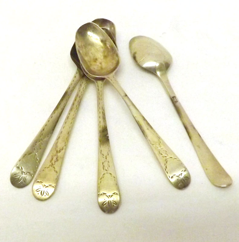 A set of five 18th Century Old English pattern Teaspoons with bright cut decoration, one with