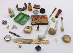 A Box: various assorted mixed items to include small Cloisonné Pot, Clay Pipes, small Tape Measures,