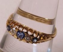 An Edwardian hallmarked 18ct Gold Ring, the boat-shaped panel featuring three Pale Blue Sapphires