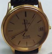 A last quarter of the 20th Century Gold plated quartz centre seconds Calendar Wrist Watch, Omega “De