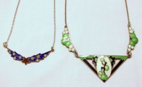 An Art Deco period white metal Green, White and Black Enamelled Pendant, triangular shaped, with