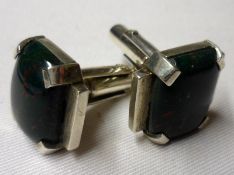 A pair of Macefield white metal and Bloodstone panelled Cufflinks, 16mm x 17mm overall, stamped “