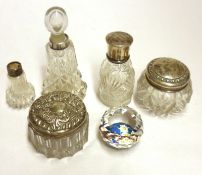 A Mixed Lot comprising: five various assorted Dressing Table Jars with silver collars/tops and a