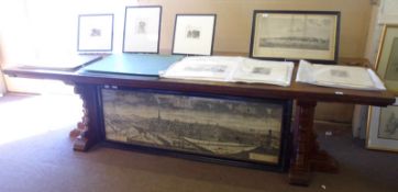 A large early 20th Century Oak Refectory style Dining Table with heavy plank top, raised on a