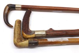 A collection of three Vintage Walking Sticks, one with hallmarked Silver collar and horn handle; one