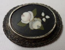 A 20th Century white metal framed Pietra Dura Panel Brooch, depicting white flowers, 35mm x 27mm