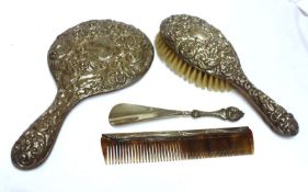 A Mixed Lot of Victorian and late Dressing Table items: a Brush, Mirror, Comb and Shoe Horn, largest