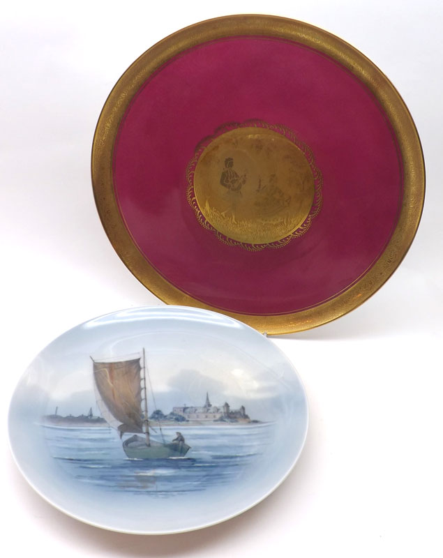 A Royal Copenhagen Wall Plate, decorated with a sailing boat in estuary design on a light blue