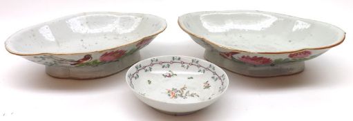 A pair of Chinese Oval Dishes decorated in iron red and famille verte etc, with birds and foliage;