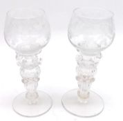 A set of six early 20th Century Clear Hock Glasses, raised on knopped stems and round feet, 6” high