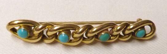 A late 19th Century yellow metal hollow curb link Brooch, set with four Turquoise stones, 5cm long