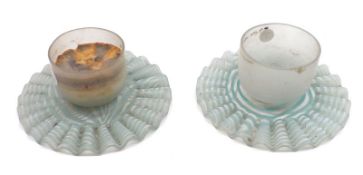 A pair of small Frosted Glass Table Candle Holders of round form with frilled edges decorated in