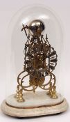 A late 19th Century Lacquered Brass and Marble Mounted Skeleton Clock with passing strike, the