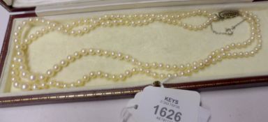 A good quality Two Row Cultured Pearl Necklace with Marcasite mounted clasp, 44cm long, the