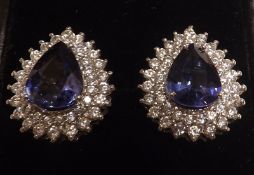 A pair of white metal, Blue Sapphire and White Sapphire Teardrop Earrings, 17mm x 15mm overall,