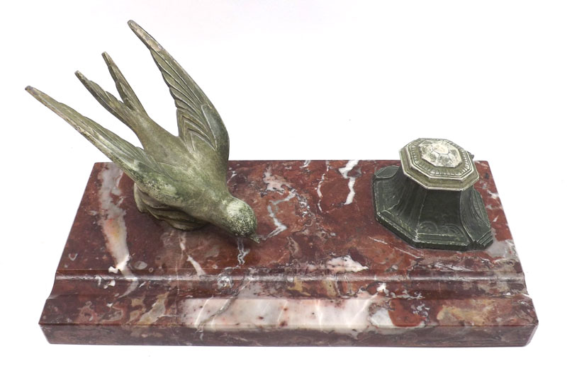 An Art Deco styled Desk Stand, fitted with metal inkwell with glass liner and stylised swallow