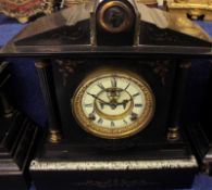 A late 19th Century American Black Slate and Granite Mantel Clock, the architectural case with