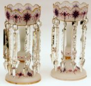 A pair of 19th Century Opaque Glass Lustre Vases, with blue and red geometric detail, with clear