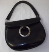 Loewe 1846, Vintage Black Leather Handbag, with adjustable strap and white metal ring embellishment