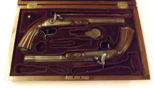 Pair good reproduction Percussion Pistols, 10 ½” barrels, 16” overall with ramrod, in fitted