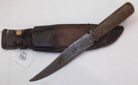 Vintage Sheath Knife, Bukta blade, wooden grip, leather sheath