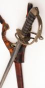 Royal Artillery Officer’s Sword, etched blade 34 ½”, wire bound sharkskin grip, leather scabbard