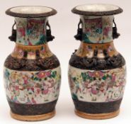 A pair of late 19th Century Chinese Crackle Glaze Baluster Vases, well-decorated in famille rose and